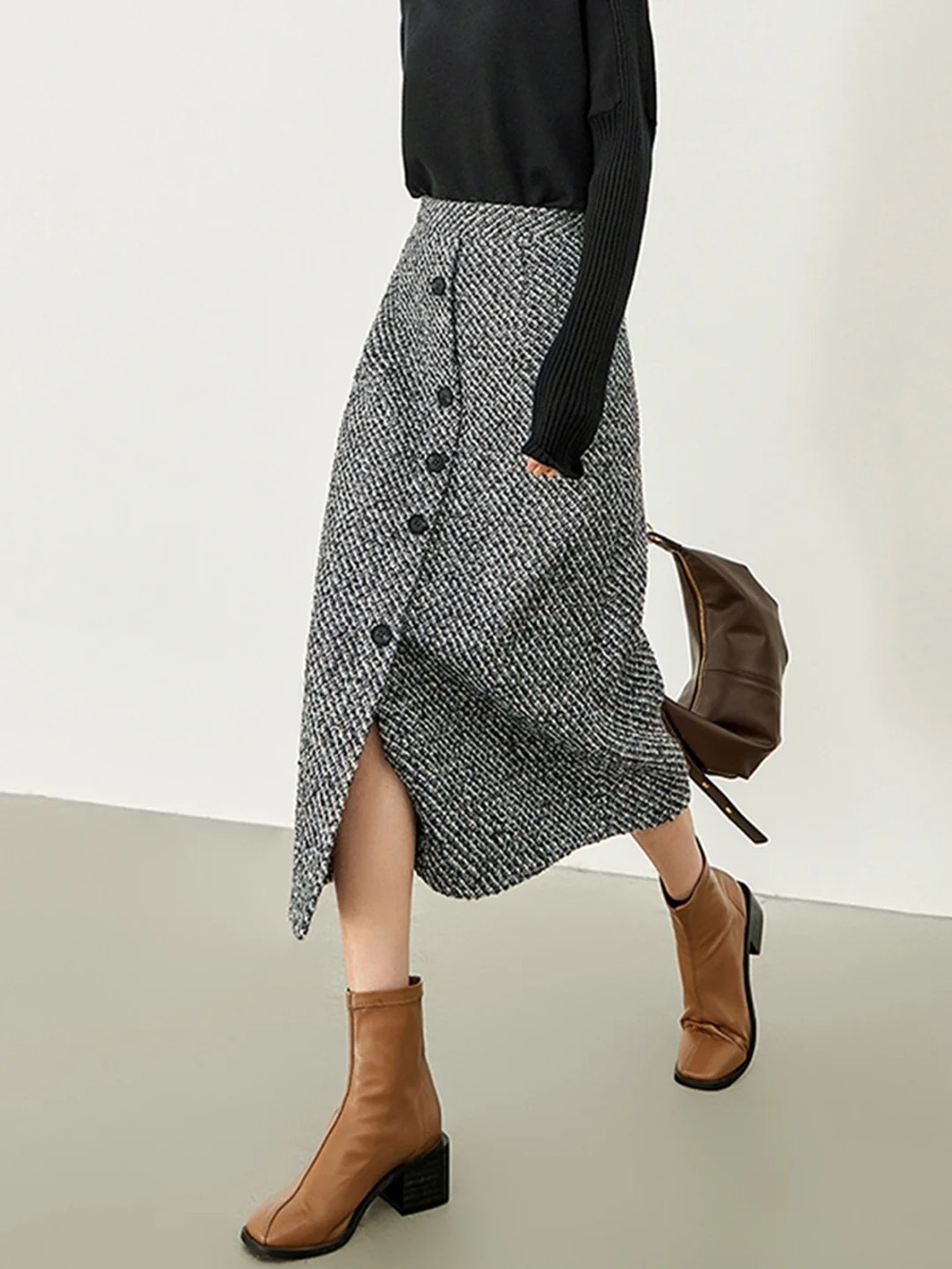 COMMENSE Button Down Tweed Boucle Midi Skirt - size Medium